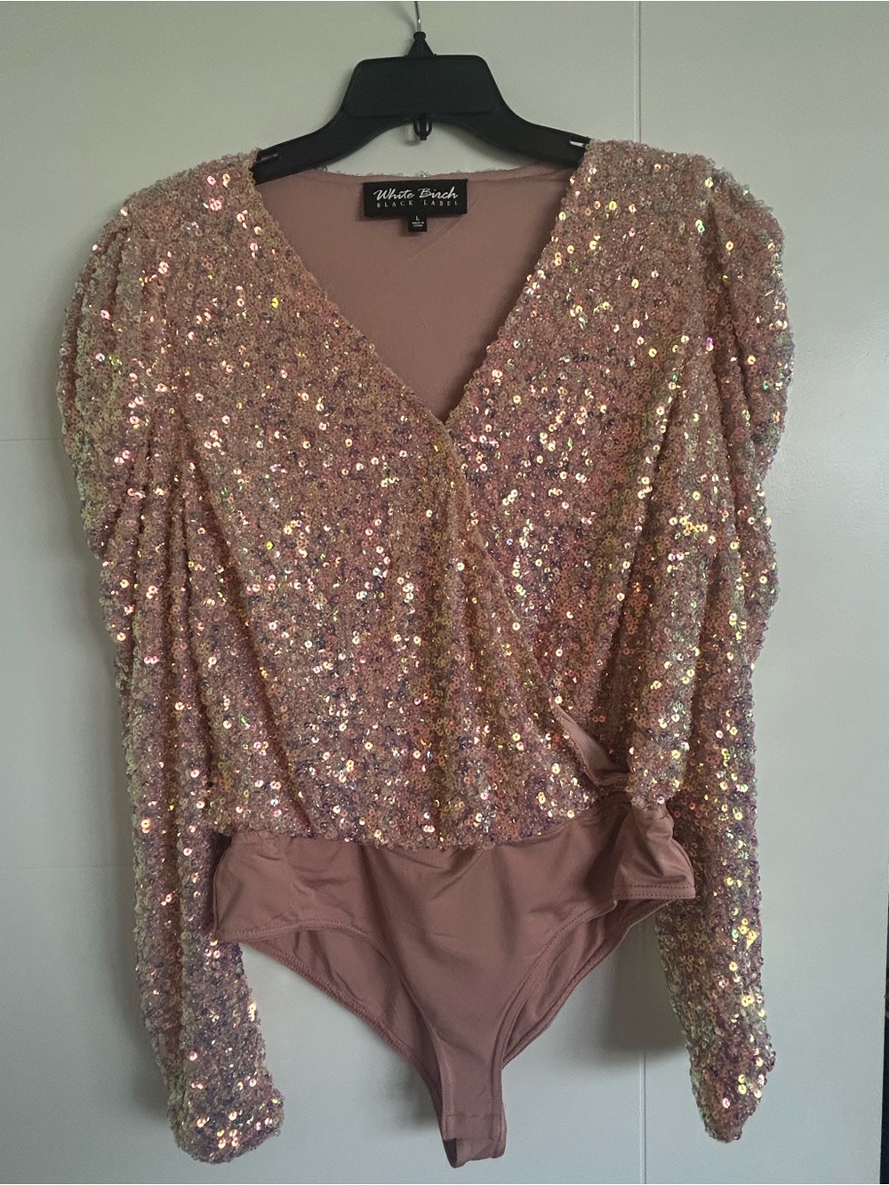 white birch Rose Gold Sequin Wrap Bodysuit